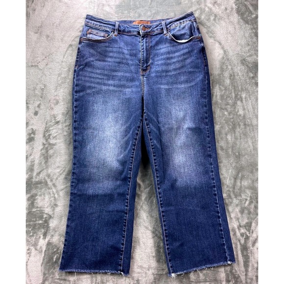 Judy Blue Denim - Judy Blue Womens Wide Crop Jeans Dark Wash Raw Hem Stretch Denim 13 31